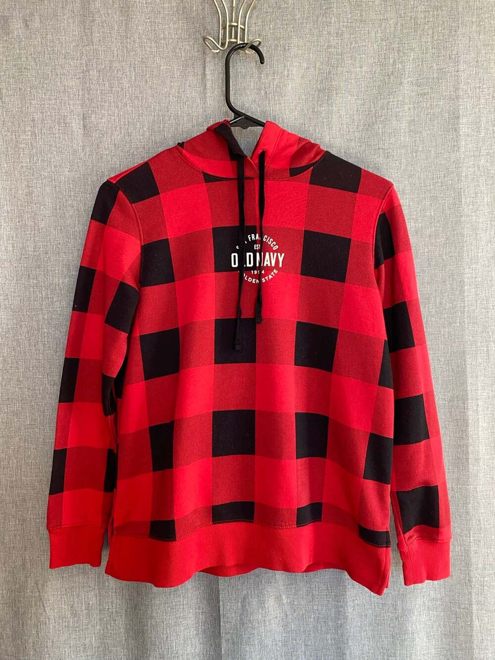Old Navy Womens XS Buffalo Plaid Pullover Hoodie Red Black Graphic San Francisco